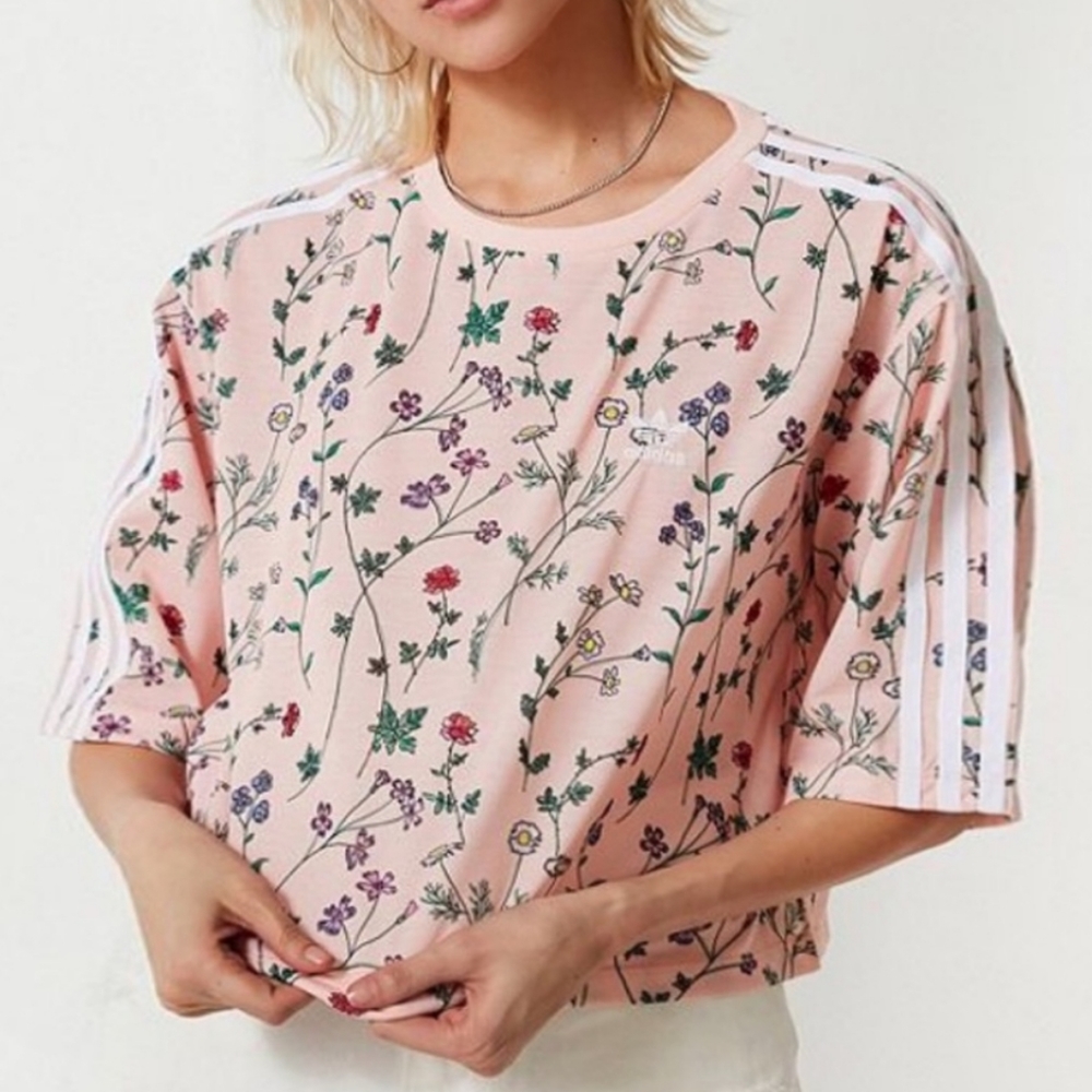 ADIDAS wildflower crop top XS peach multicolor floral short sleeve boxy t-shirt - Picture 1 of 15